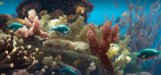 Un récif de corail avec des poissons bleus nageant à proximité